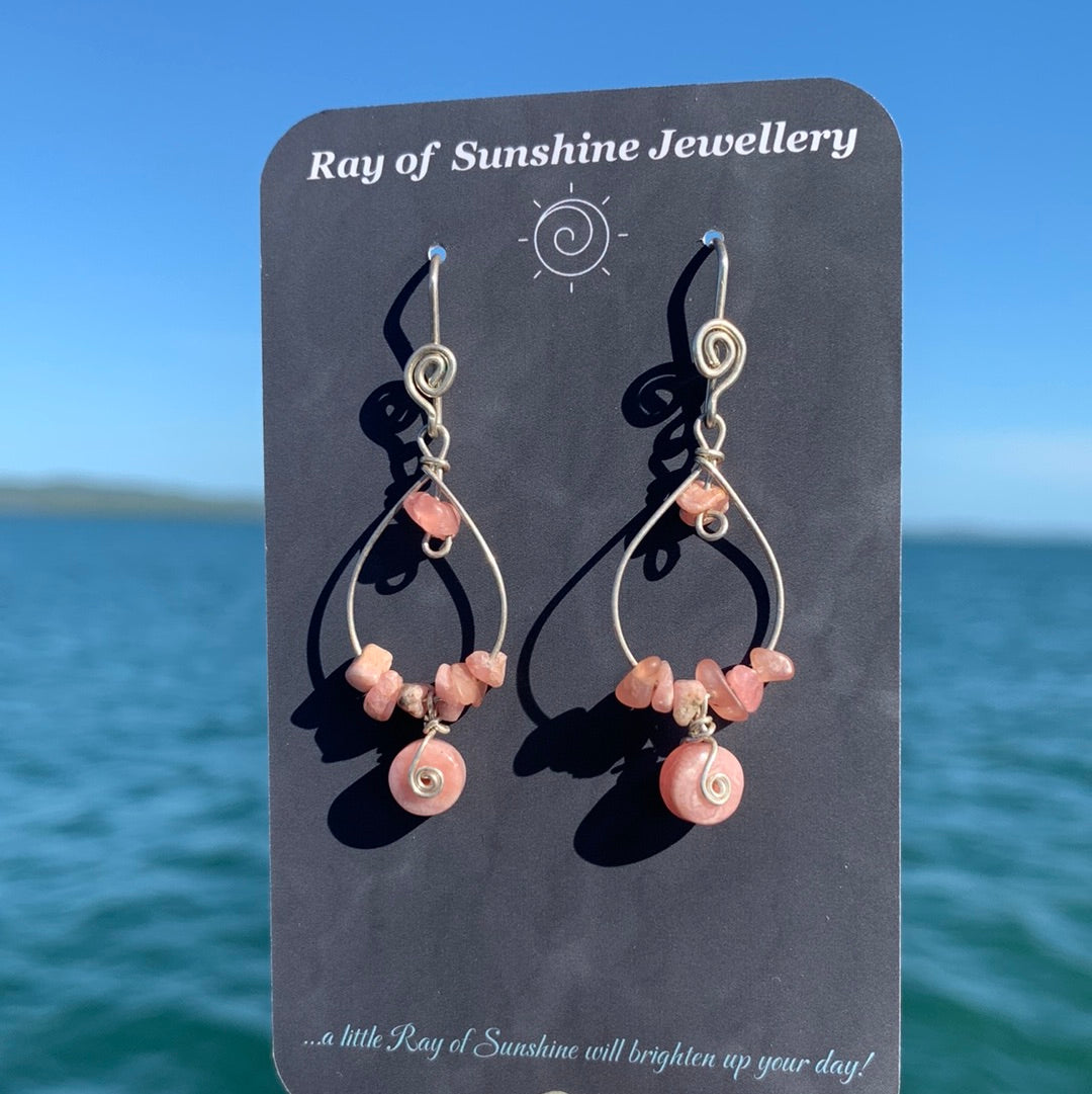 Rhodochrosite chips Boho Sterling Silver Earrings
