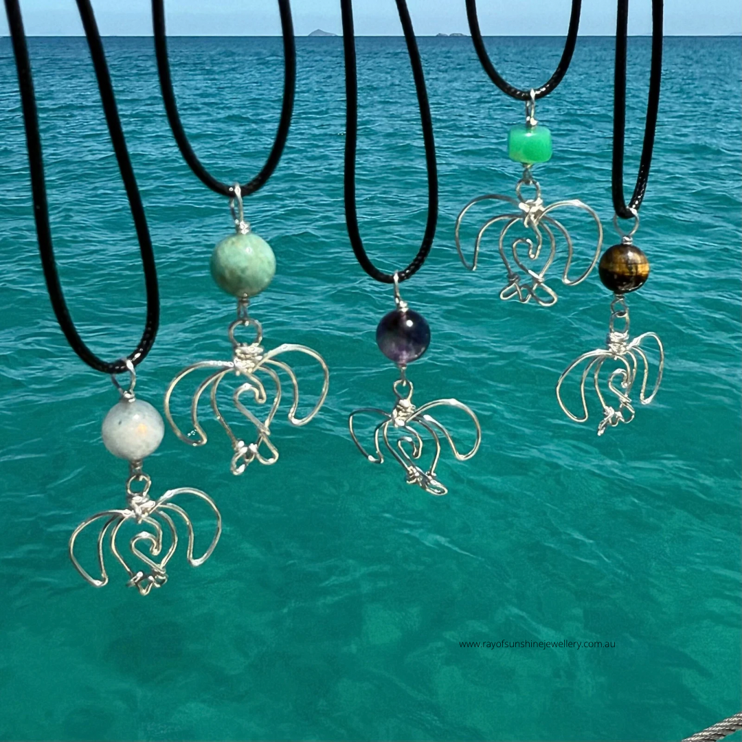 Sea Turtle, Wave & Gemstone Silver Necklace