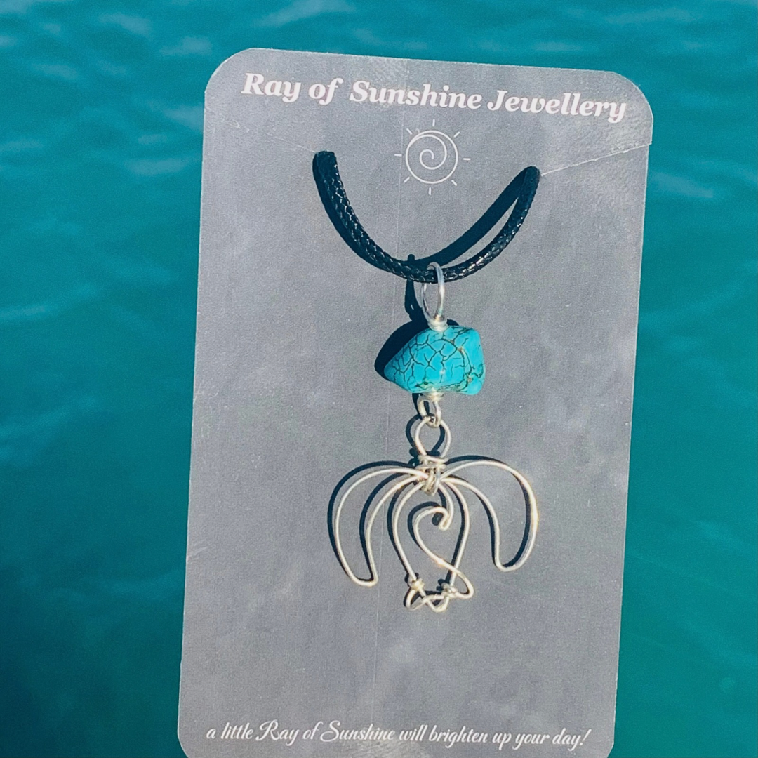 Sea Turtle, Wave & Gemstone Silver Necklace