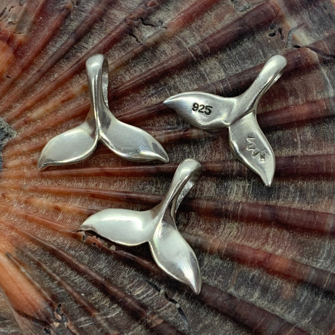 Ray of Sunshine Jewellery - 3 gorgeous hand made Sterling Silver whale tails resting on a dark burnt orange coloured fan shell with sunlight highlighting their beautiful shape