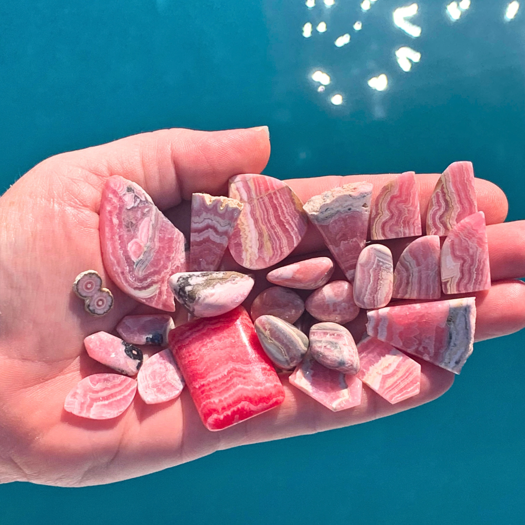 Ray of Sunshine Jewellery - stunning pink Rhodochriste gemstones resting in the palm of my hand
