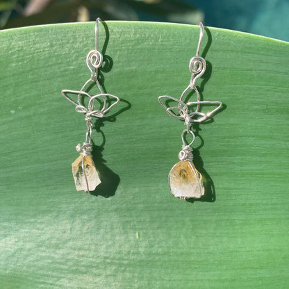 Ray of Sunshine Jewellery- Sterling Silver earrings with golden Citrine gemstones on a green agave leaf in the sunshine.