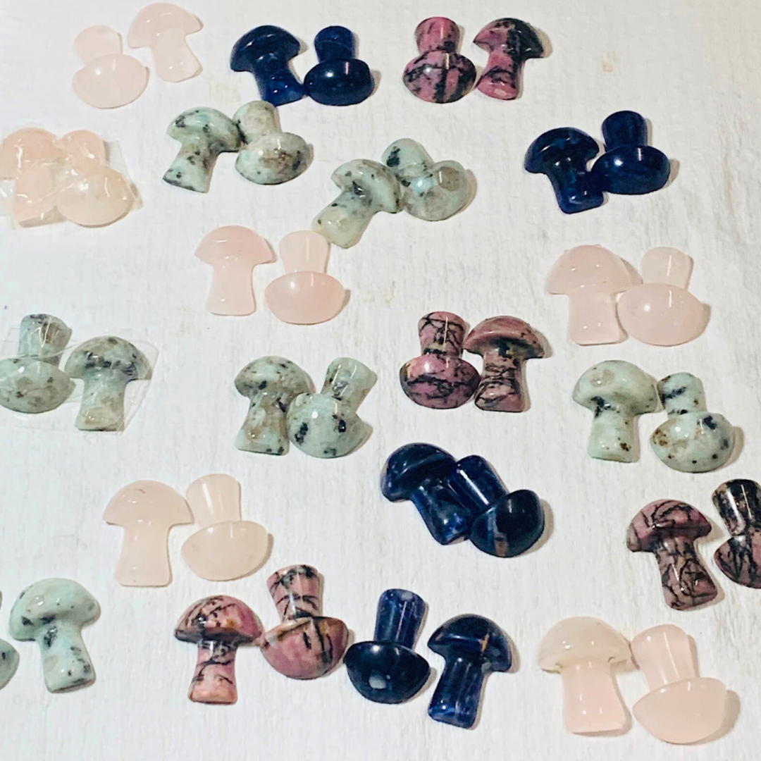 Ray of Sunshine Jewellery- Collection of colorful mushroom-shaped gemstone earrings on a light background