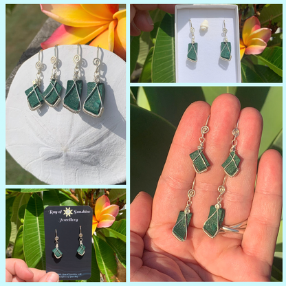 Ray of Sunshine Jewellery- Collage of green teardrop earrings with silver hooks, displayed on a white cloth and held in hand.
