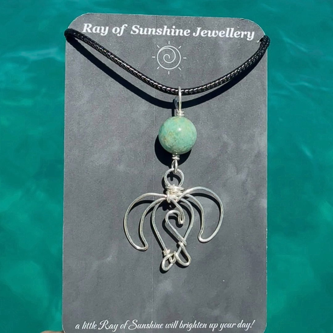 Sea Turtle, Wave & Gemstone Silver Necklace