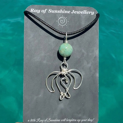 Sea Turtle, Wave & Gemstone Silver Necklace