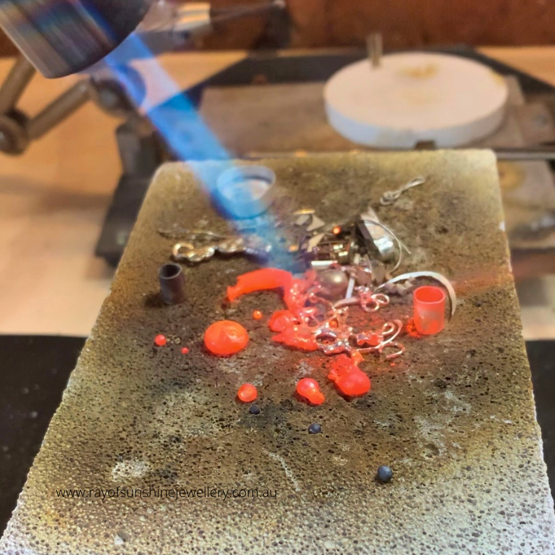 Behind the scenes, melting all sterling silver scraps into balls to be melted and shaped into tails and dollops of sunshine.  handmade in northern nsw, Australia.