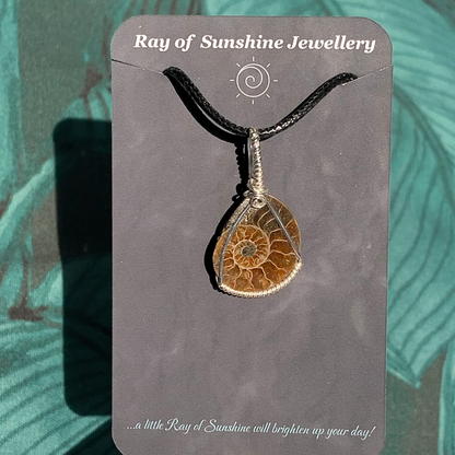 Ray of Sunshine Jewellery- Ammonite Necklace with natural swirls on a 'Ray of Sunshine Jewellery' card against a green leafy background