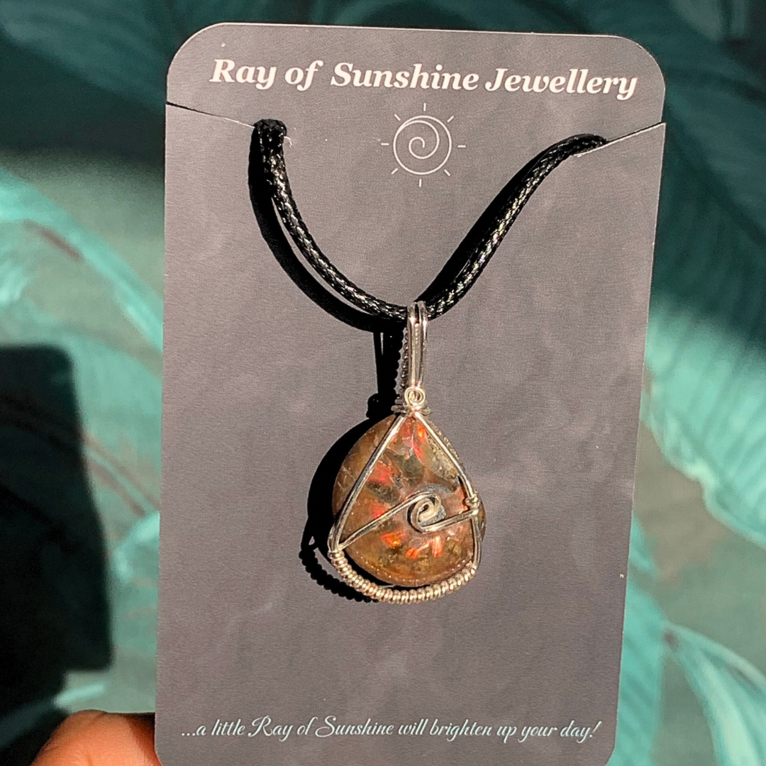 Ray of Sunshine Jewellery- Ammonite pendant silver necklace on a black business card 