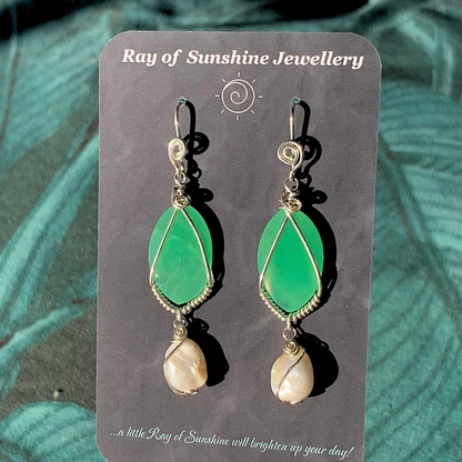 Ray of Sunshine Jewellery-Apple Green Chrysoprase  teardrop earrings with pearl drops on a 'Ray of Sunshine Jewellery' card against a green leafy background.