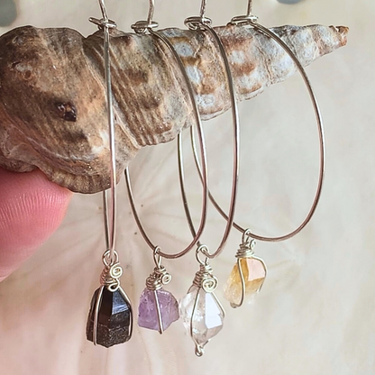 Ray of Sunshine Jewellery- hoop earrings with my hand-cut gemstones hanging from a shell
