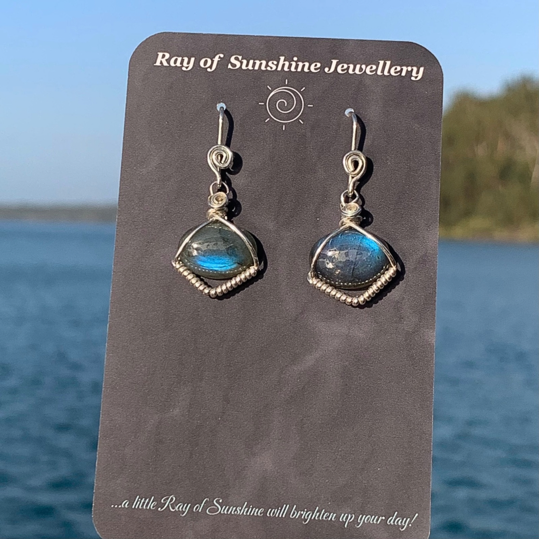 Ray of Sunshine Jewellery- Pair of blue gemstone earrings on a 'Ray of Sunshine Jewellery' card with a blurred natural background.