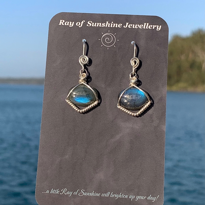 Ray of Sunshine Jewellery- Pair of blue gemstone earrings on a 'Ray of Sunshine Jewellery' card with a blurred natural background.