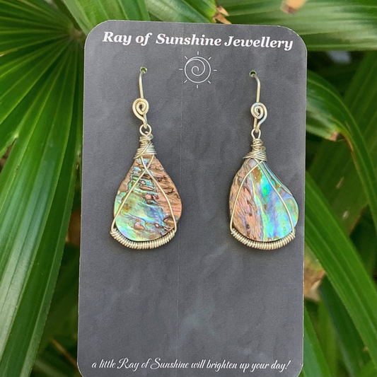 Multicoloured albalone shell teardrop-shaped earrings on a 'Ray of Sunshine Jewellery' card with green leaves in the background