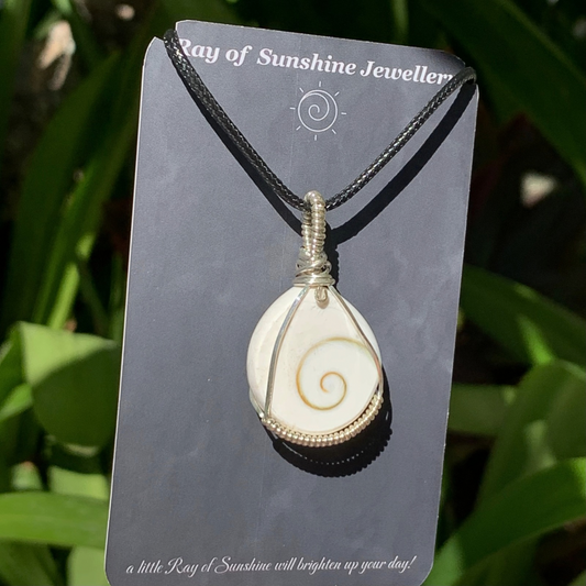 Shiva shell wrapped in silver wite pendant on a 'Ray of Sunshine Jewellery' card against a green leafy background