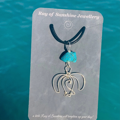 Sea Turtle, Wave & Gemstone Silver Necklace