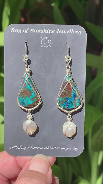 Hand-cut Azurite Chrysocolla Pearls Sterling Silver Earrings // Ray of Sunshine Jewellery