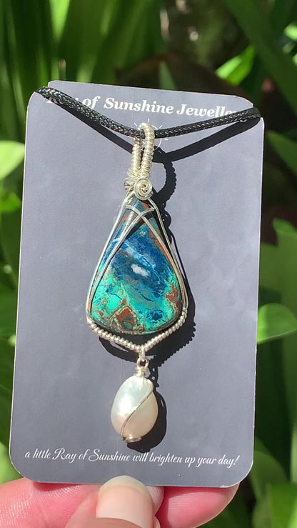 Hand-cut Azurite Chrysocolla Pearl Sterling Silver Necklace // Ray of Sunshine Jewellery