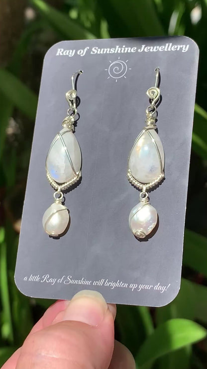 Hand-cut Moonstone Pearl Sterling Silver Earrings // Ray of Sunshine Jewellery
