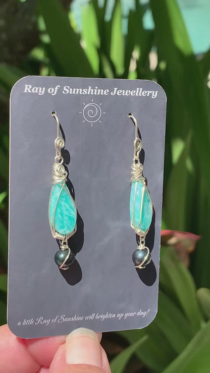 Hand-cut Amazonite Pearl Sterling Silver Earrings // Ray of Sunshine Jewellery