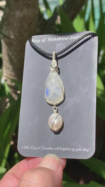 Hand-cut Moonstone Pearl Sterling Silver Necklace // Ray of Sunshine Jewellery