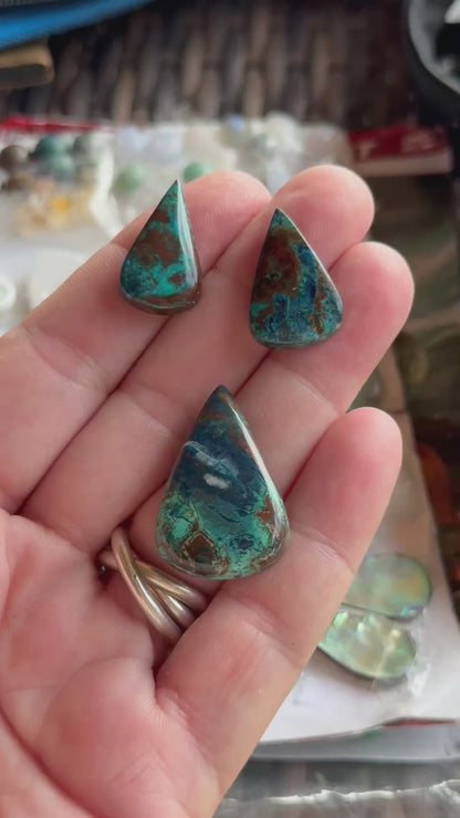 Hand-cut Azurite Chrysocolla Pearls Sterling Silver Earrings // Ray of Sunshine Jewellery