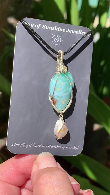Hand-cut Larimar Pearl Sterling Silver Necklace // Ray of Sunshine Jewellery