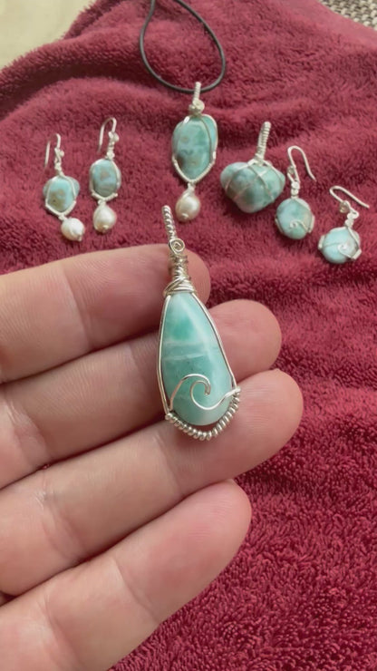 Hand-cut Larimar Wave Sterling Silver Necklace // Ray of Sunshine Jewellery
