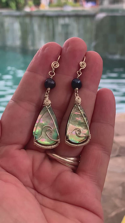 Hand-cut NZ Paua Shell Wave Pearl Sterling Silver Earrings // Ray of Sunshine Jewellery