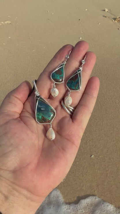 Hand-cut Azurite Chrysocolla Pearl Sterling Silver Necklace // Ray of Sunshine Jewellery