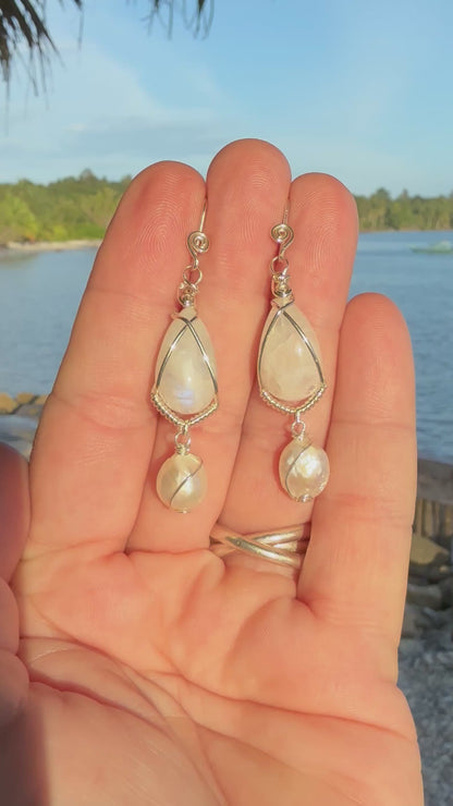 Hand-cut Moonstone Pearl Sterling Silver Earrings // Ray of Sunshine Jewellery