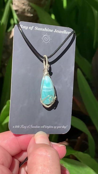 Hand-cut Larimar Wave Sterling Silver Necklace // Ray of Sunshine Jewellery