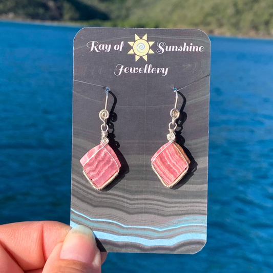 Ray of Sunshine Jewellery - stunning pink gemstones hand carved by me wrapped in Sterling Silver and hanging on my business card